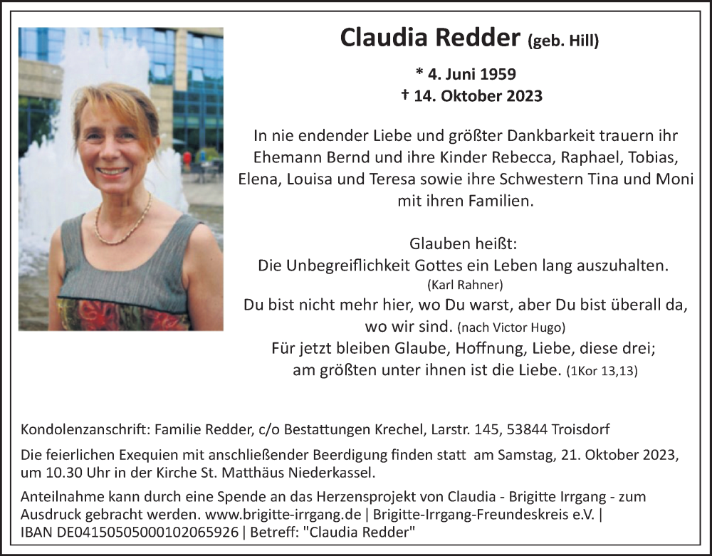  Traueranzeige für Claudia Redder vom 21.10.2023 aus Kölner Stadt-Anzeiger / Kölnische Rundschau / Express
