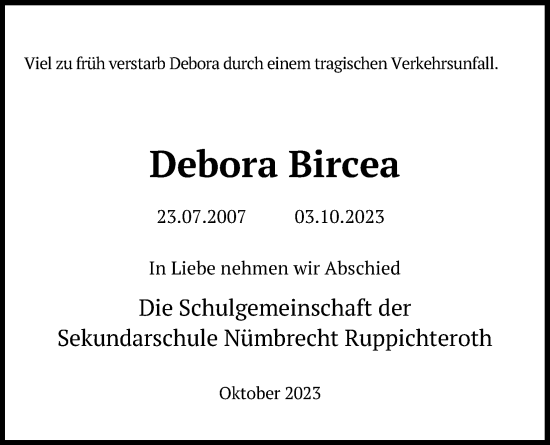 Anzeige von Debora Bircea von Kölner Stadt-Anzeiger / Kölnische Rundschau / Express