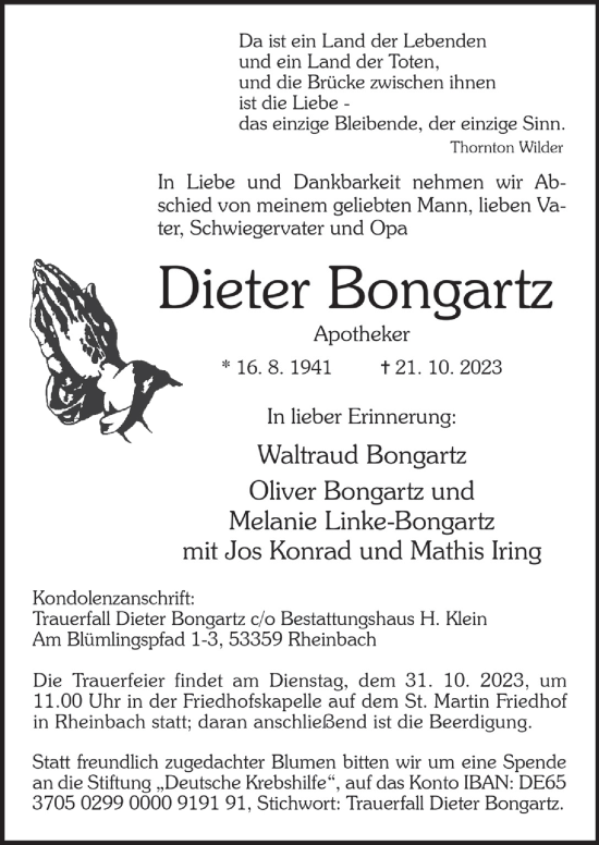 Anzeige von Dieter Bongartz von  Schaufenster/Blickpunkt 