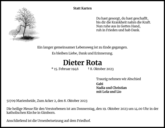 Anzeige von Dieter Rota von Kölner Stadt-Anzeiger / Kölnische Rundschau / Express