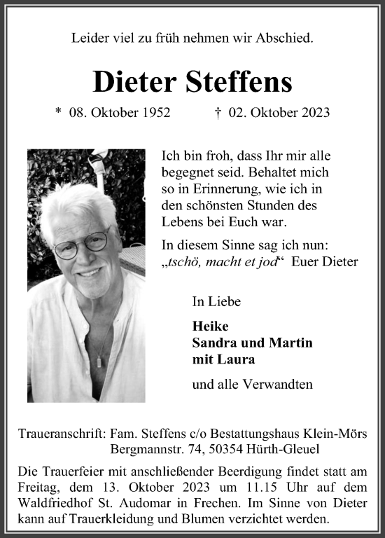Anzeige von Dieter Steffens von Kölner Stadt-Anzeiger / Kölnische Rundschau / Express