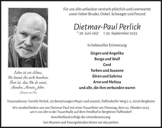 Anzeige von Dietmar-Paul Perlick von  Werbepost 
