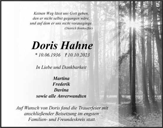 Anzeige von Doris Hahne von  Anzeigen Echo 