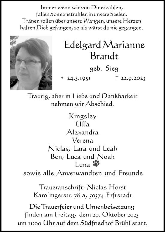 Anzeige von Edelgard Brandt von  Werbepost 
