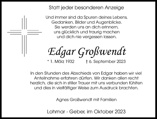 Anzeige von Edgar Großwendt von Kölner Stadt-Anzeiger / Kölnische Rundschau / Express