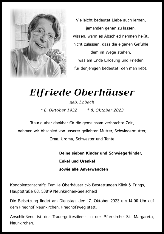 Anzeige von Elfriede Oberhäuser von Kölner Stadt-Anzeiger / Kölnische Rundschau / Express