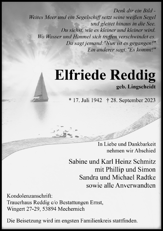 Anzeige von Elfriede Reddig von  Blickpunkt Euskirchen 