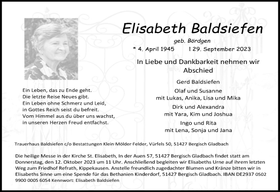 Anzeige von Elisabeth Baldsiefen von Kölner Stadt-Anzeiger / Kölnische Rundschau / Express