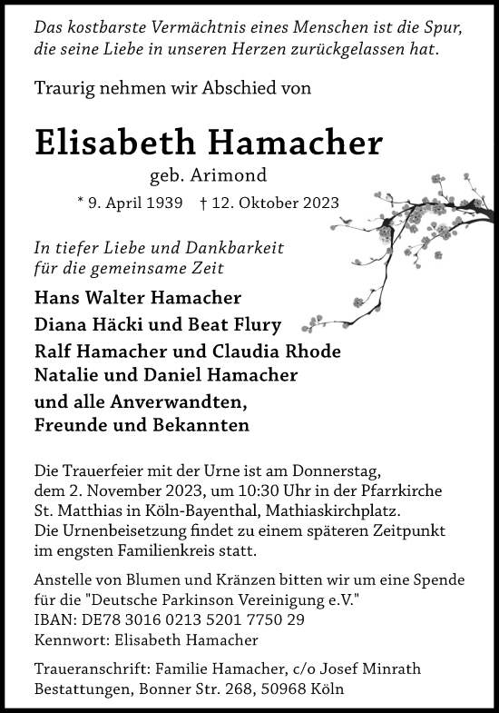 Anzeige von Elisabeth Hamacher von Kölner Stadt-Anzeiger / Kölnische Rundschau / Express