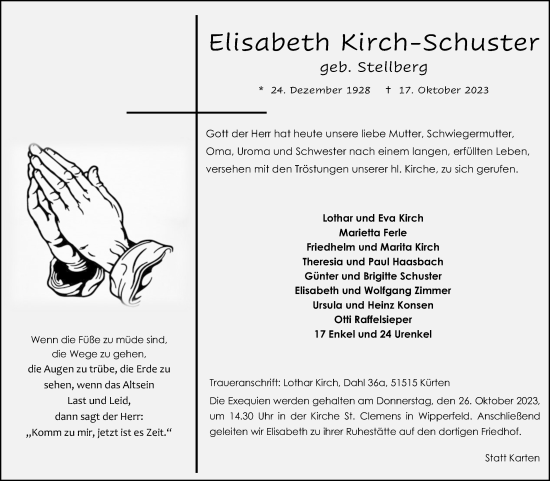 Anzeige von Elisabeth Kirch-Schuster von Kölner Stadt-Anzeiger / Kölnische Rundschau / Express