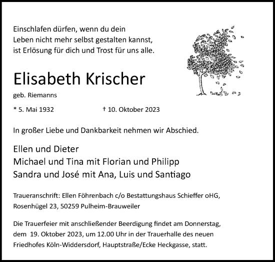 Anzeige von Elisabeth Krischer von Kölner Stadt-Anzeiger / Kölnische Rundschau / Express