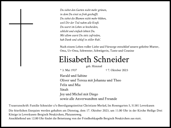 Anzeige von Elisabeth Schneider von Kölner Stadt-Anzeiger / Kölnische Rundschau / Express