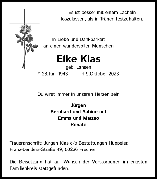 Anzeige von Elke Klas von Kölner Stadt-Anzeiger / Kölnische Rundschau / Express