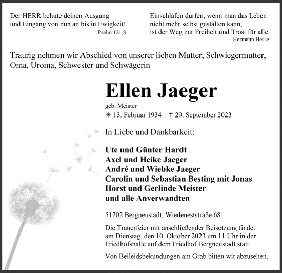 Anzeige von Ellen Jaeger von  Anzeigen Echo 