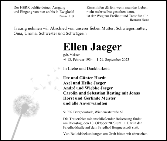 Anzeige von Ellen Jaeger von Kölner Stadt-Anzeiger / Kölnische Rundschau / Express