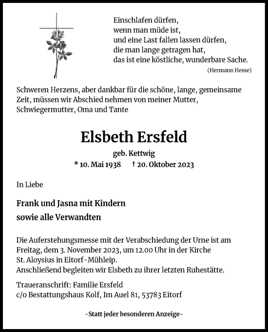 Anzeige von Elsbeth Ersfeld von Kölner Stadt-Anzeiger / Kölnische Rundschau / Express