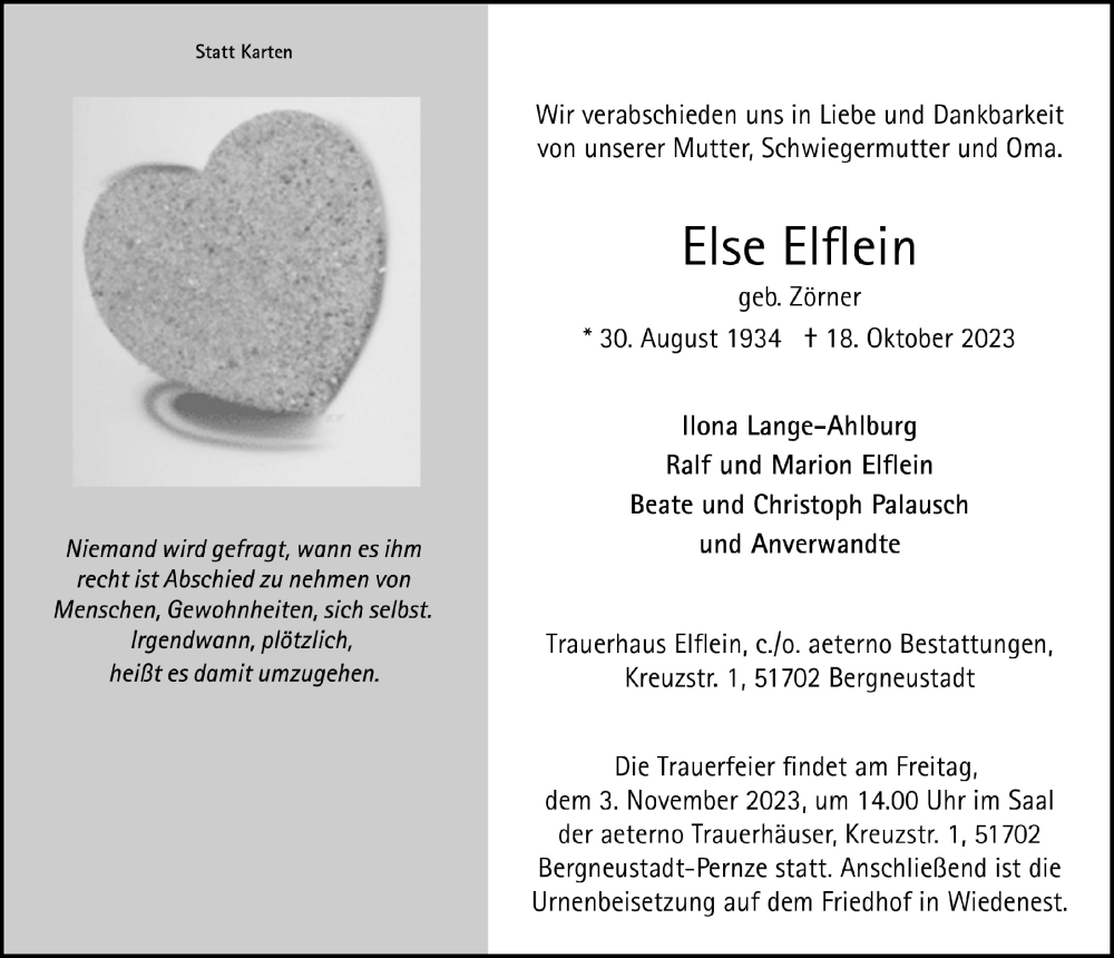 Traueranzeige für Else Elflein vom 27.10.2023 aus  Anzeigen Echo 