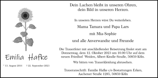 Anzeige von Emilia Hafke von Kölner Stadt-Anzeiger / Kölnische Rundschau / Express