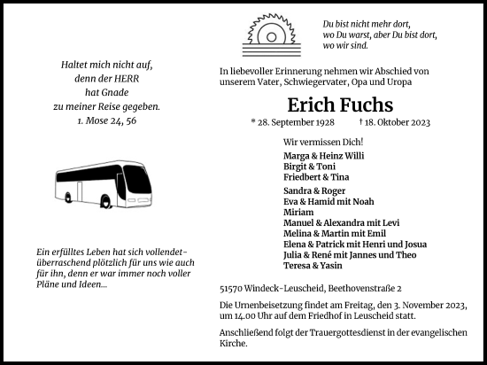 Anzeige von Erich Fuchs von Kölner Stadt-Anzeiger / Kölnische Rundschau / Express