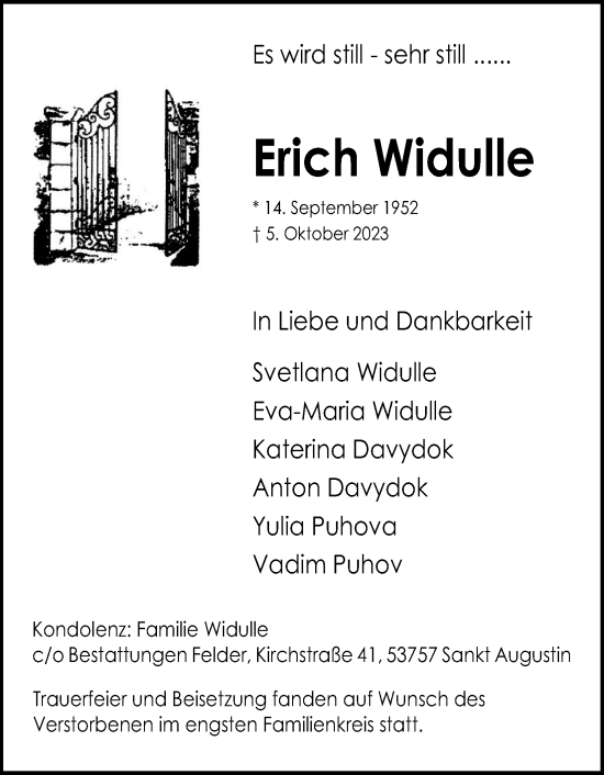 Anzeige von Erich Widulle von Kölner Stadt-Anzeiger / Kölnische Rundschau / Express