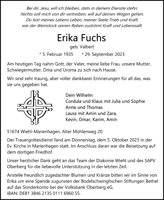 Anzeige von Erika Fuchs von  Anzeigen Echo 