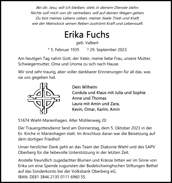 Anzeige von Erika Fuchs von Kölner Stadt-Anzeiger / Kölnische Rundschau / Express