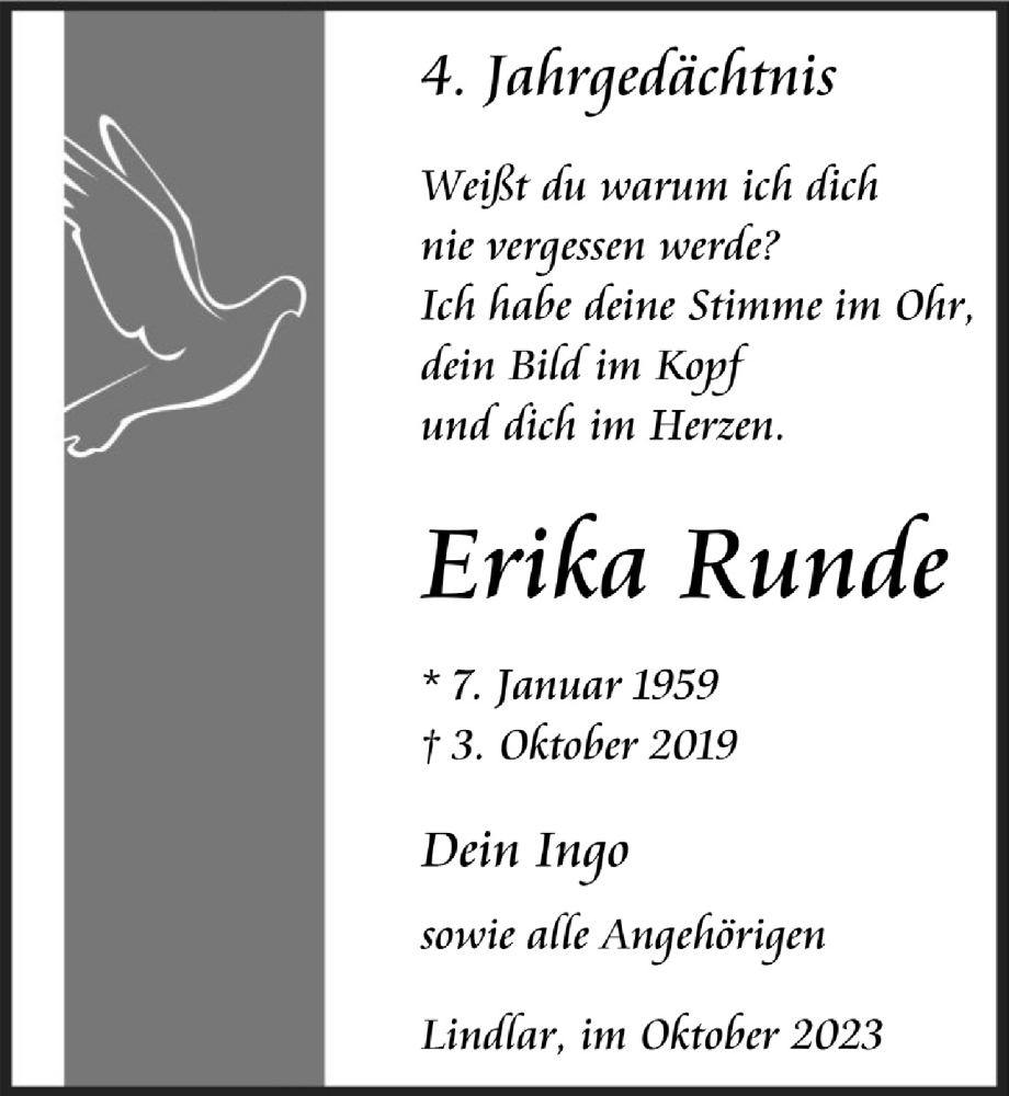  Traueranzeige für Erika Runde vom 18.07.2023 aus  Anzeigen Echo 