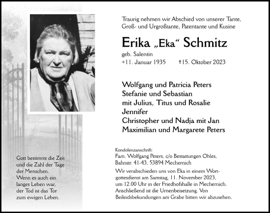 Anzeige von Erika Schmitz von  Blickpunkt Euskirchen 