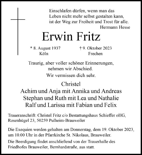 Anzeige von Erwin Fritz von  Wochenende 