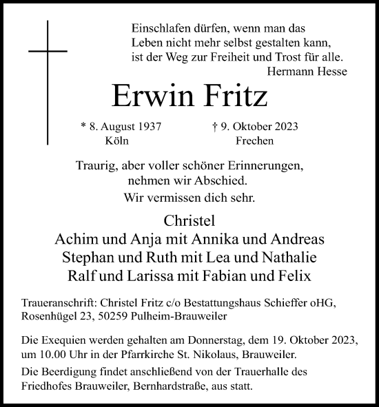Anzeige von Erwin Fritz von Kölner Stadt-Anzeiger / Kölnische Rundschau / Express