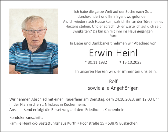 Anzeige von Erwin Heinl von  Blickpunkt Euskirchen 