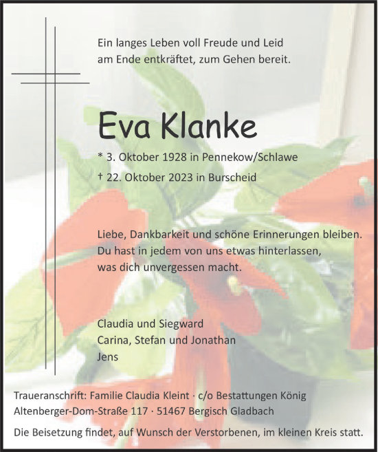 Anzeige von Eva Klanke von  Bergisches Handelsblatt 