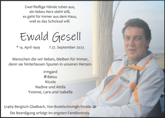 Anzeige von Ewald Gesell von  Bergisches Handelsblatt 