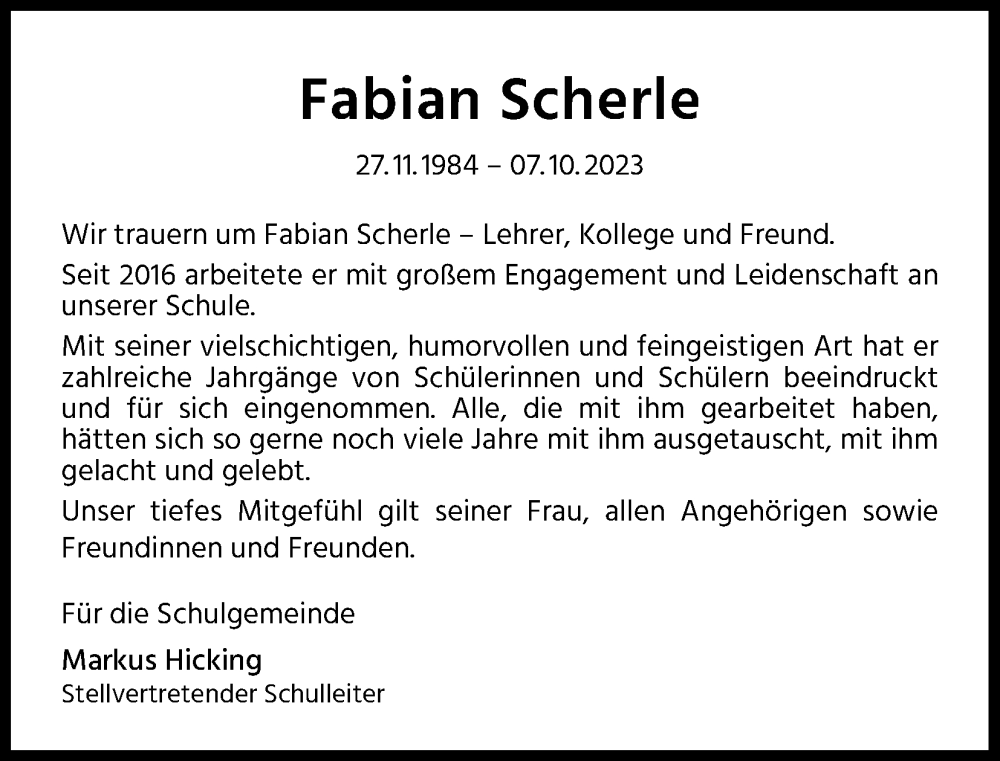  Traueranzeige für Fabian Scherle vom 28.10.2023 aus Kölner Stadt-Anzeiger / Kölnische Rundschau / Express