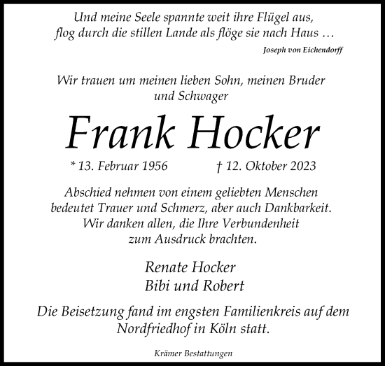 Anzeige von Frank Hocker von Kölner Stadt-Anzeiger / Kölnische Rundschau / Express
