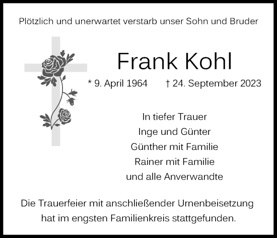 Anzeige von Frank Kohl von Kölner Stadt-Anzeiger / Kölnische Rundschau / Express