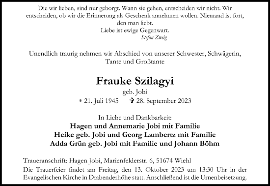 Anzeige von Frauke Szilagyi von Kölner Stadt-Anzeiger / Kölnische Rundschau / Express