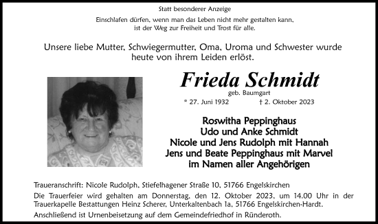 Anzeige von Frieda Schmidt von Kölner Stadt-Anzeiger / Kölnische Rundschau / Express