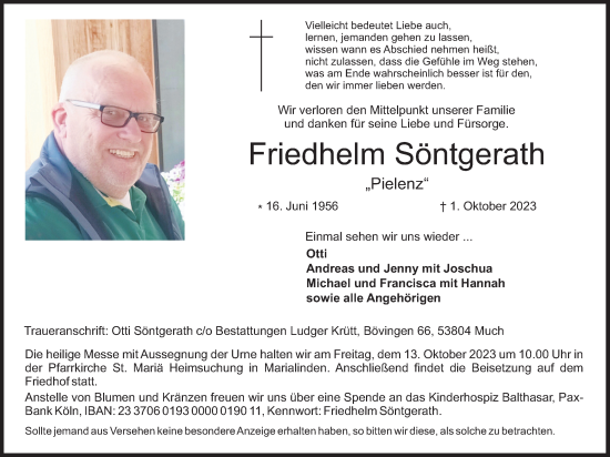 Anzeige von Friedhelm Söntgerath von Kölner Stadt-Anzeiger / Kölnische Rundschau / Express