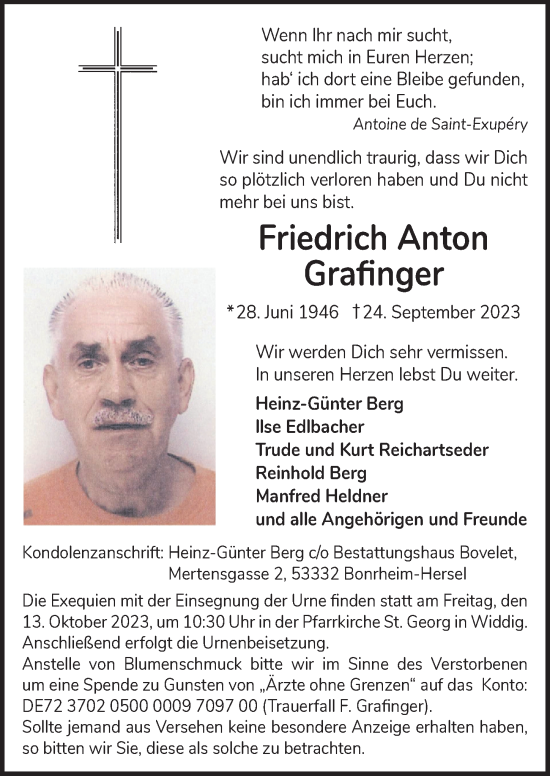 Anzeige von Friedrich Grafinger von  Schaufenster/Blickpunkt 