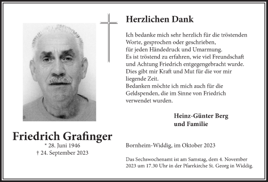 Anzeige von Friedrich Grafinger von  Schaufenster/Blickpunkt 