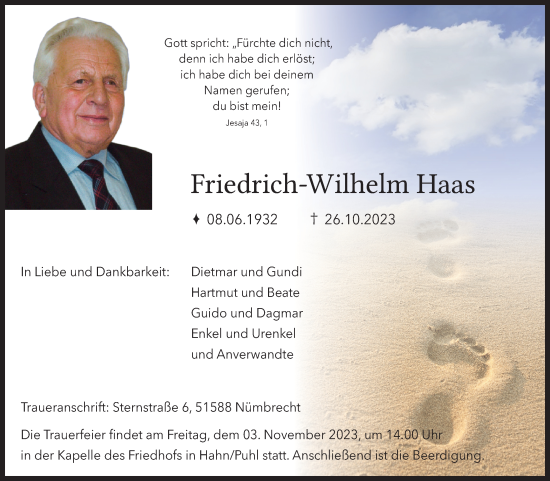 Anzeige von Friedrich-Wilhelm Haas von Kölner Stadt-Anzeiger / Kölnische Rundschau / Express