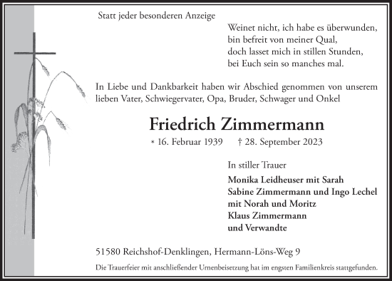 Anzeige von Friedrich Zimmermann von  Lokalanzeiger 