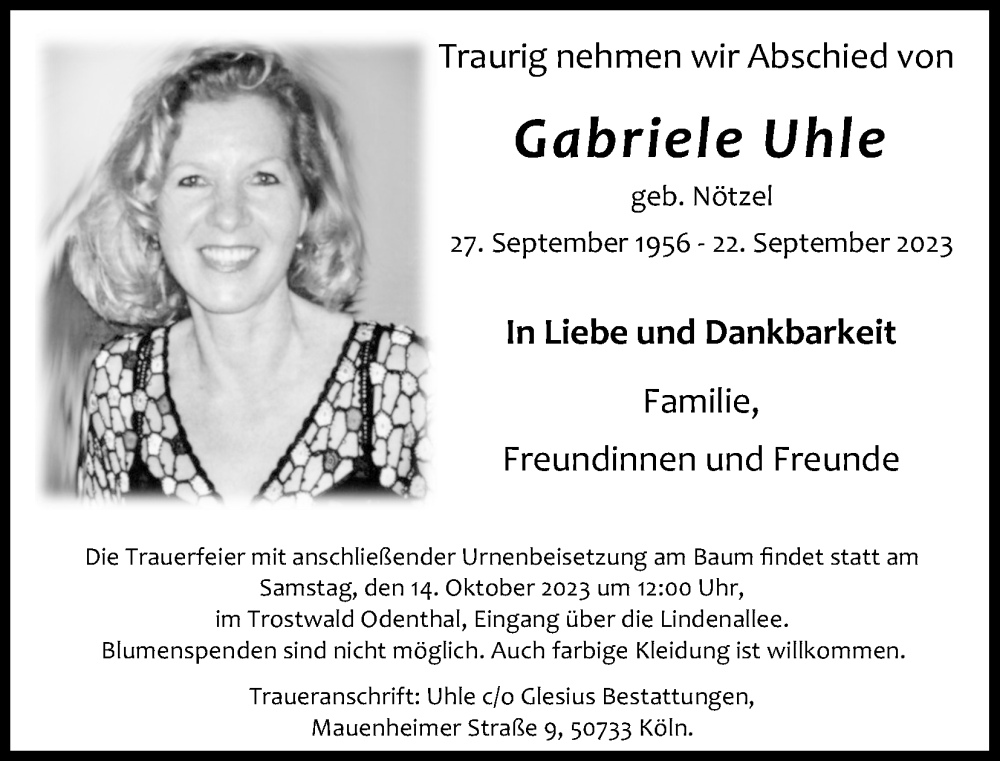  Traueranzeige für Gabriele Uhle vom 07.10.2023 aus Kölner Stadt-Anzeiger / Kölnische Rundschau / Express