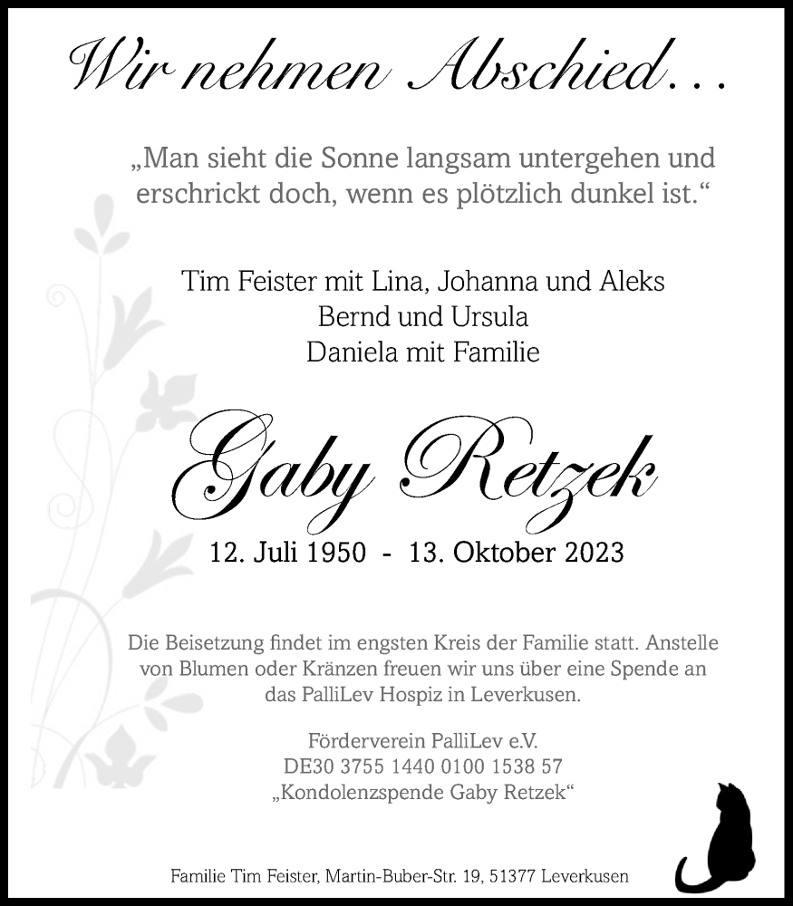  Traueranzeige für Gaby Retzek vom 21.10.2023 aus Kölner Stadt-Anzeiger / Kölnische Rundschau / Express