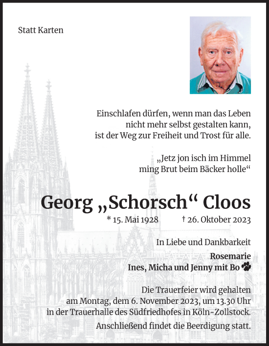 Anzeige von Georg  Cloos von Kölner Stadt-Anzeiger / Kölnische Rundschau / Express