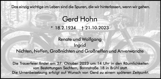 Anzeige von Gerd Hohn von Kölner Stadt-Anzeiger / Kölnische Rundschau / Express