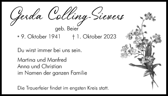Anzeige von Gerda Colling-Sievers von Kölner Stadt-Anzeiger / Kölnische Rundschau / Express