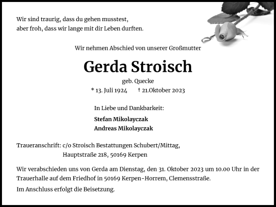 Anzeige von Gerda Stroisch von Kölner Stadt-Anzeiger / Kölnische Rundschau / Express