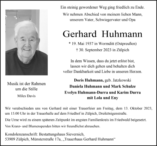 Anzeige von Gerhard Huhmann von  Blickpunkt Euskirchen 